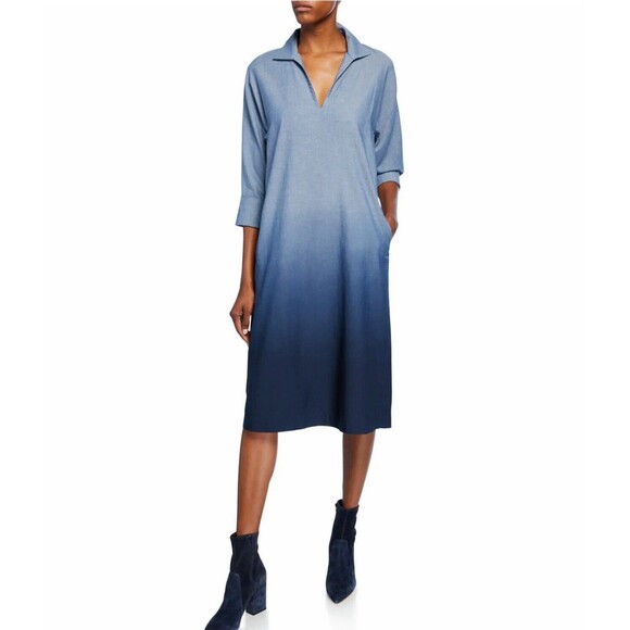LAFAYETTE 148 New York Nicole Chambray Ombre Dress Size M Lagenlook Relaxed Fit - Picture 1 of 15